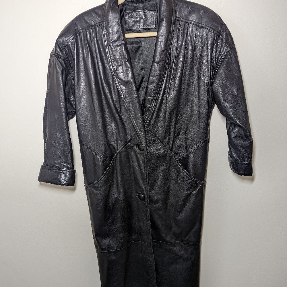 Jacqueline Ferrar Black Leather Long Trench Coat - Picture 6 of 7